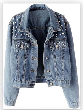Women's Embroidered Pearl Denim Jean Jacket Coat Size S